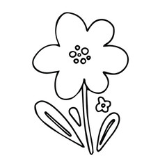 Flower doodle - simple childish naive hand drawn floral icon. Black ink flower with leaves outline isolated on white background. Vector illustration. Graphic element for design