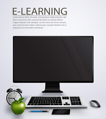 E-learning vector background design. E learning text with monitor, keyboard and mouse computer device element for online education student course background. Vector illustration 
