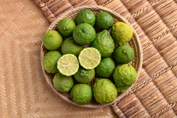 Fresh bergamot fruit in a basket, Food ingredients and extract used for medicine, tea, perfumes and cosmetics