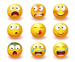 Smiley emoji vector set. Smileys 3d yellow icon in angry, laughing and crying facial expressions isolated in white background for emoticon character collection design. Vector illustration
