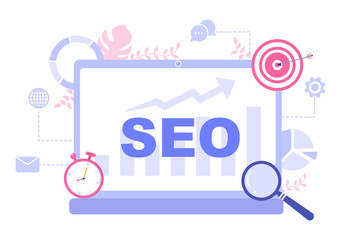 Obraz premium SEO Optimization Vector Illustration To Search Engine, App Development, Web Pages and Bookmarks. Landing Page or Banner Template