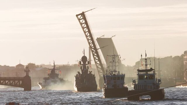 View of Russian Navy, modern russian military naval battleships warships in the row, northern fleet and baltic sea fleet, summer sunny day during the military exercise