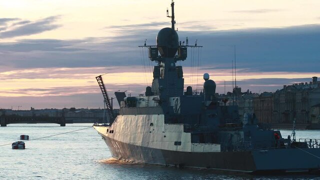 View of Russian Navy, modern russian military naval battleships warships in the row, northern fleet and baltic sea fleet, summer sunny day during the military exercise