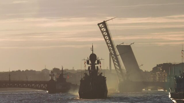 View of Russian Navy, modern russian military naval battleships warships in the row, northern fleet and baltic sea fleet, summer sunny day during the military exercise