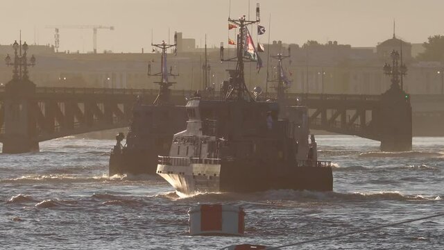 View of Russian Navy, modern russian military naval battleships warships in the row, northern fleet and baltic sea fleet, summer sunny day during the military exercise
