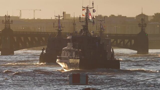 View of Russian Navy, modern russian military naval battleships warships in the row, northern fleet and baltic sea fleet, summer sunny day during the military exercise