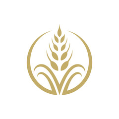 Logo template of wheat with hand and shield suitable for food icon, rice product label, foodstuffs, bread ingredient and others