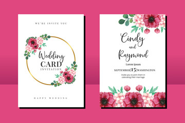 Obraz premium Wedding invitation frame set, floral watercolor hand drawn Anemone and Hydrangea Flower design Invitation Card Template