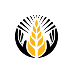 Logo template of wheat with hand and sun suitable for agriculture symbol, organic food icon, rice product label, foodstuffs, bakery and others