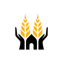 Logo template of wheat with hand and barn suitable for organic food icon, agriculture, rice product label, foodstuffs, bread and others