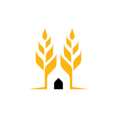 Logo template of wheat and barn suitable for agriculture, organic food icon, rice product label, foodstuffs and others