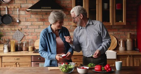 Happy loving middle aged senior family couple talking chatting, enjoying cooking together in old-fashioned kitchen, chopping fresh vegetables, preparing healthy food dinner together on weekend at home - Powered by Adobe