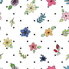 Pastel flowers varied over small black polka dot background seamless pattern. 