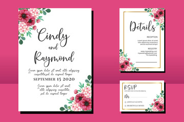 Wedding invitation frame set, floral watercolor hand drawn Anemone and Hydrangea Flower design Invitation Card Template