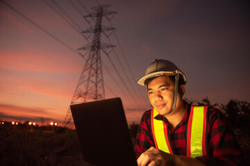 Engineers wear high telecommunication monitoring safety devices to maintain 5G networks, working with risky work.