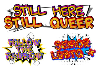 Set of Comic book style LGBTQ text. Festival, event related words, quote collection isolated on white background. Poster, banner, template. Cartoon vector illustration.