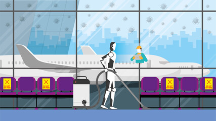 Cleaning robot control by human remote in risk area of virus epidemic and pandemic for protecting the infection. Artificial intelligence mechanism uses automatic vacuum cleaner in an airport terminal.