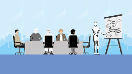 Fototapeta premium ฺDiversity businesspeople and robot colleagues in office meeting room. Collaboration process multicultural skill of diverse employee with brainstorming diagram. Technology concept in future business.