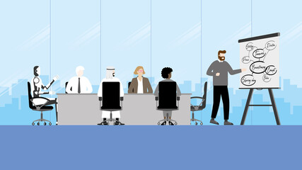Fototapeta premium ฺDiversity businesspeople and robot colleagues in office meeting room. Collaboration process multicultural skill of diverse employee with brainstorming diagram. Technology concept in future business.