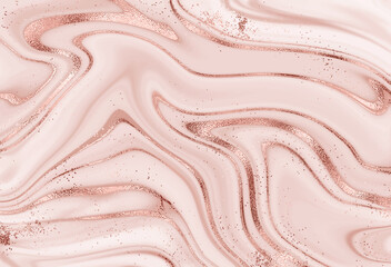 Liquid marble print abstract painting background with rose gold splash.