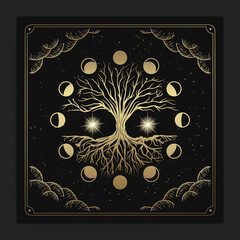 Magical sacred tree in moon phase decoration with engraving, hand drawn, luxury, celestial, esoteric, boho style, fit for spiritualist, religious, paranormal, tarot reader, astrologer or tattoo  - obrazy, fototapety, plakaty