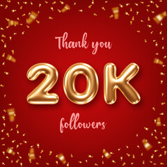 Thank you followers. Social media achievement poster with golden 3d numbers and confetti on red background