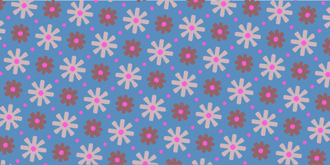 ピンクと白の花のシームレスなパターンの青い背景イラスト
