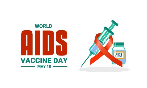 Vector illustration of syringe, vaccine bottle and ribbon, as a banner, poster or template for world aids vaccine day or HIV vaccine awareness day.