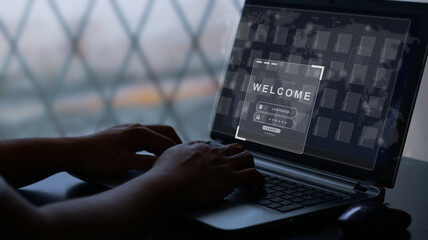 User typing login and password on virtual screen. Selective focus.