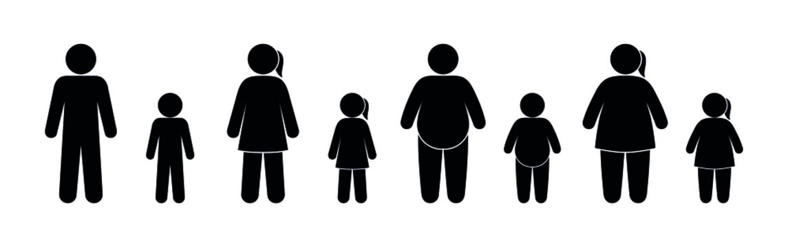 different people stand, stick man illustration, simple silhouettes human, men, women and children