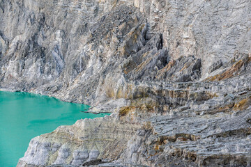 Ijen volcano crater and Blue green lake. Beautiful Landscape mountain and green lake with smoke sulfur in the morning in a Kawah Ijen volcano. Beautiful landmark from East Java, Indonesia
