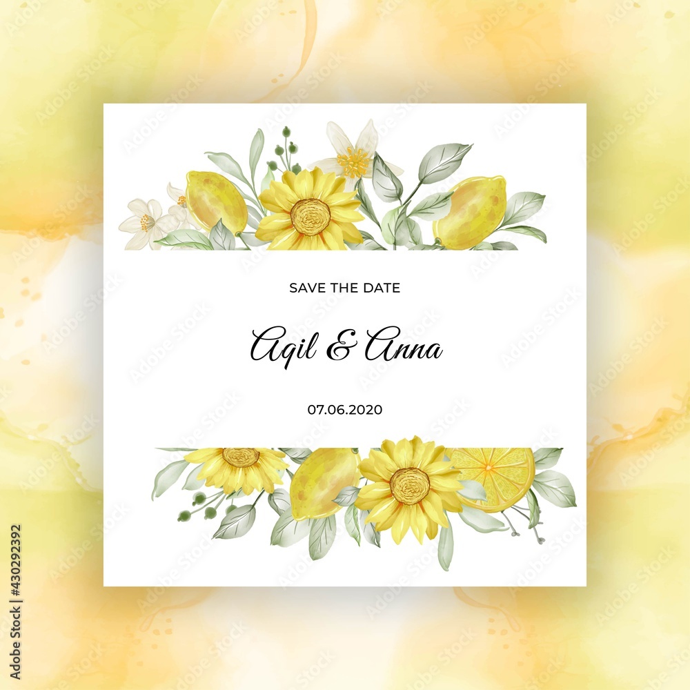 Wall mural spring lemon flower watercolor frame for background wedding invitation