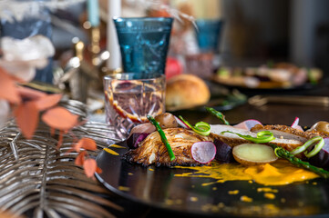 Fancy plated chicken dish in a restaurant