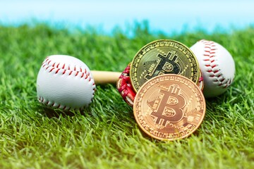 Bitcoin with baseball are on blue sky background