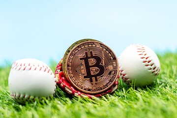 Bitcoin with baseball are on blue sky background