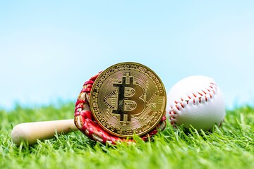 Bitcoin with baseball are on blue sky background