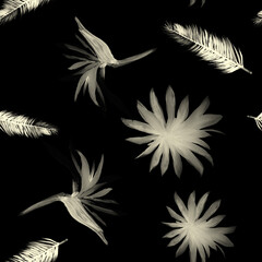 Black Pattern Leaves. White Seamless Painting. Gray Tropical Painting. Decoration Design. Drawing Texture. Isolated Painting. Flower Leaves. Summer Painting.
