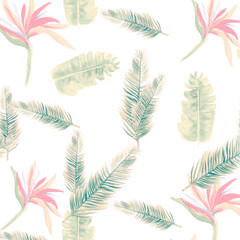 Fototapeta na wymiar White Pattern Design. Green Tropical Design. Natural Floral Leaf. Organic Spring Illustration. Gray Drawing Palm. Decoration Design. Watercolor Vintage.