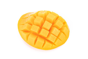 Half diced mango on white background, top view, isolated