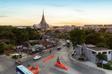 Aerial view pagoda at Wat Sothon Wararam in the morning, Chachoengsao