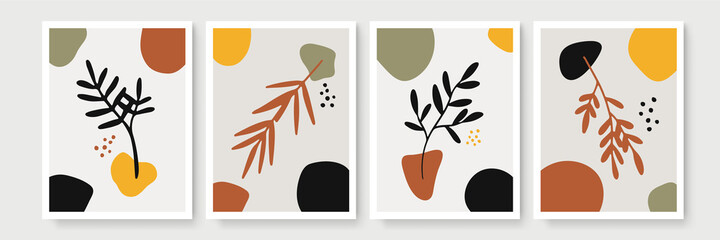 Botanical wall art vector set. Minimal and natural wall art. Boho foliage line art drawing with abstract shape. Abstract Plant Art design for print, wallpaper, cover. Modern vector illustration.