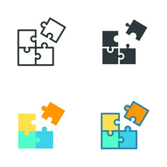 Puzzle icon in different style. Line, solid, flat, filled outline. Jigsaw symbol, pictogram, single, piece, business, teamwork logo concept. Vector illustration isolated on white background. EPS 10.