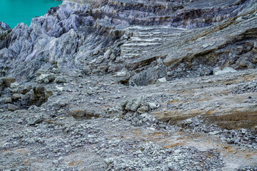 Rock wall and sulphur mining in Ijen crater in the morning in Kawah Ijen volcano Landmark from East Java Indonesia