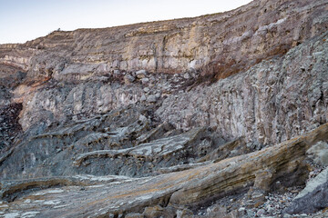 Rock wall and sulphur mining in Ijen crater in the morning in Kawah Ijen volcano Landmark from East Java Indonesia