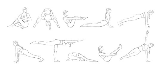 Yoga asana set with woman in different poses. Yogi girl full body workout including core muscles, legs and arms. Sketch vector illustration isolated in white background