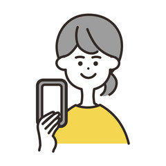 女性　携帯　上半身　イエローカラー