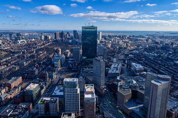 wide angle shot of boston from atop downtown skyscraper