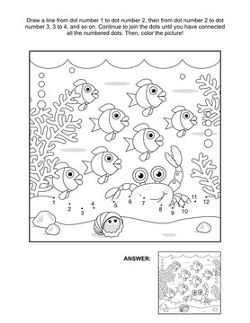 Easy connect the dots picture puzzle and coloring page, underwater life themed, with crab, fish flock, seabed, algae. Answer included.
