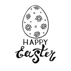 Happy Easter-an inscription and a simple contour drawing of decorated eggs in the style of doodles. Vector template for greeting card, invitation, poster, title, holiday coloring pages