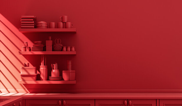 Wall mounted red kitchen dresser with everyday kitchenware inside in monochrome, single color red kitchen with countertop in warm morning sunlight. Flat color scene, 3d Rendering. Morning Shine.